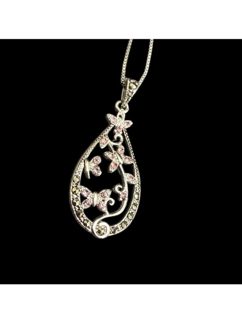 Signed 925 SLC Italy Pink Crystal Marcasite Butterflies Pendant 16” Chain
